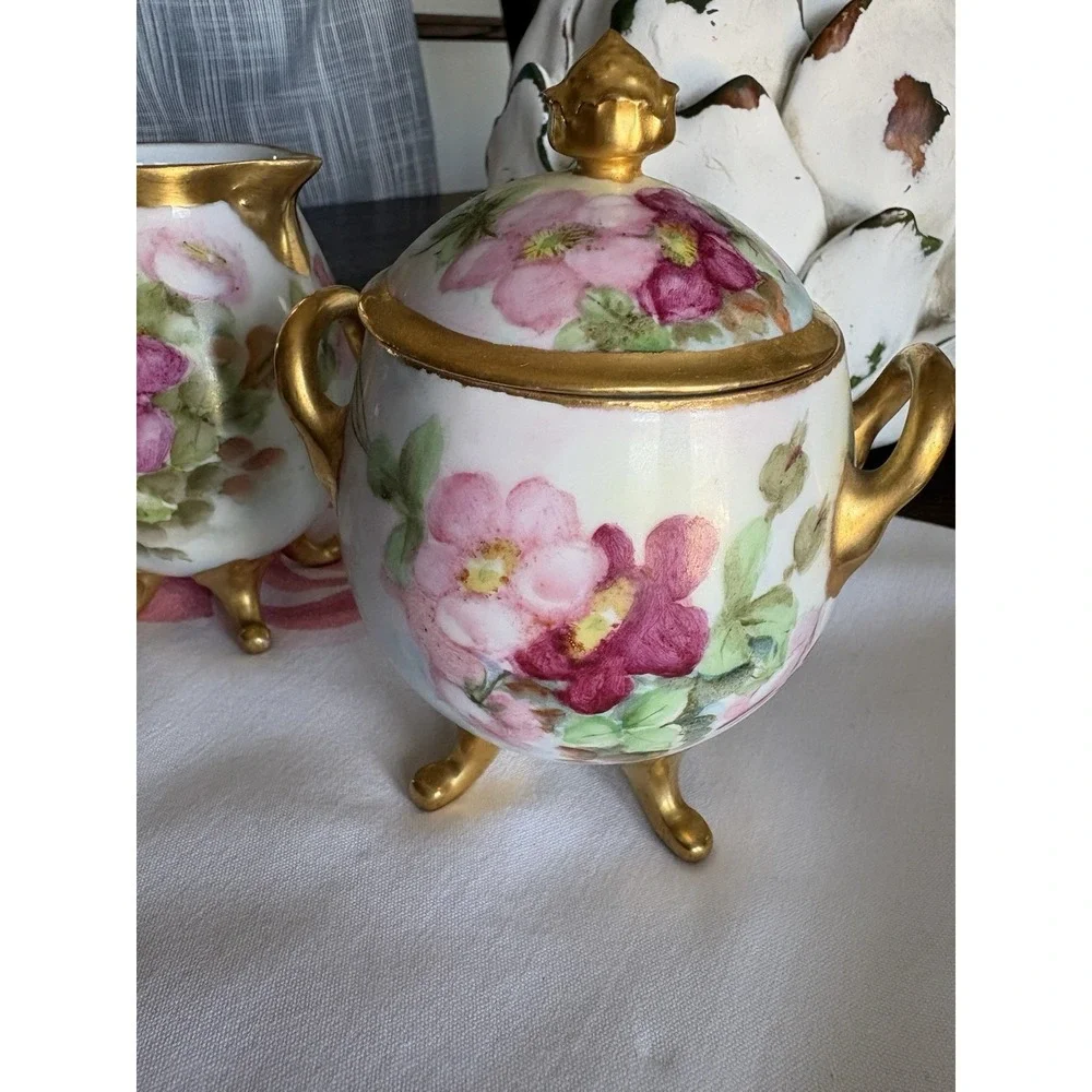 VTG Signed UNO Favorite Bavaria Hand Painted Sugar Creamer Rose Floral Gold Trim